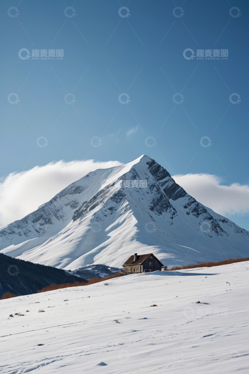 高清大图下载【趣麦麦图】雪山下的小屋雪景