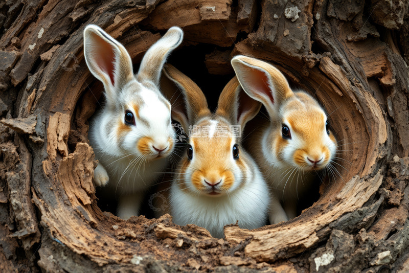 高清大图下载【趣麦麦图】树洞中探头的三只兔子