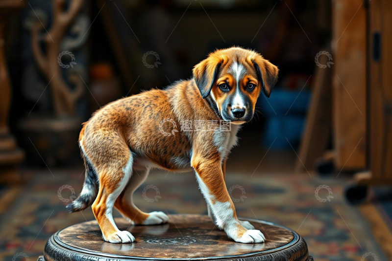 高清大图下载【趣麦麦图】站立在圆凳上的小狗