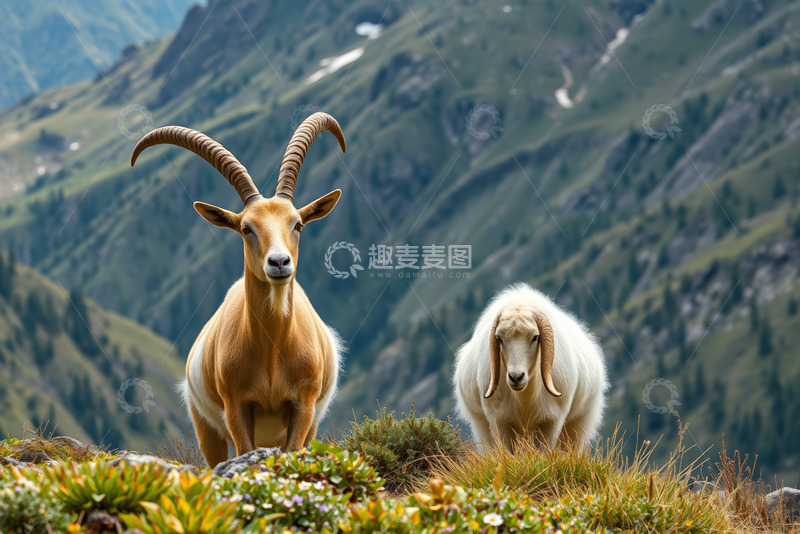 高清大图下载【趣麦麦图】山间站立的两只山羊