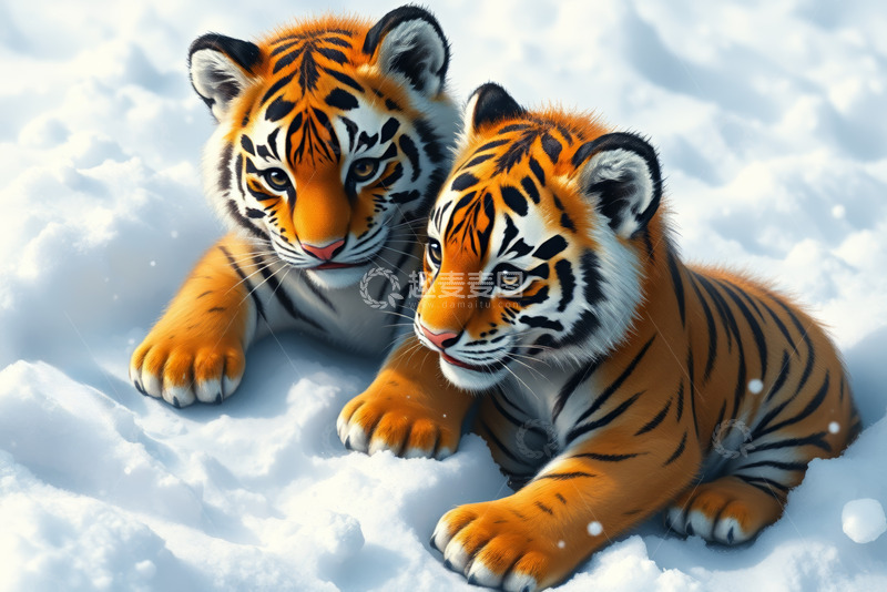 高清大图下载【趣麦麦图】雪地中的两只小老虎