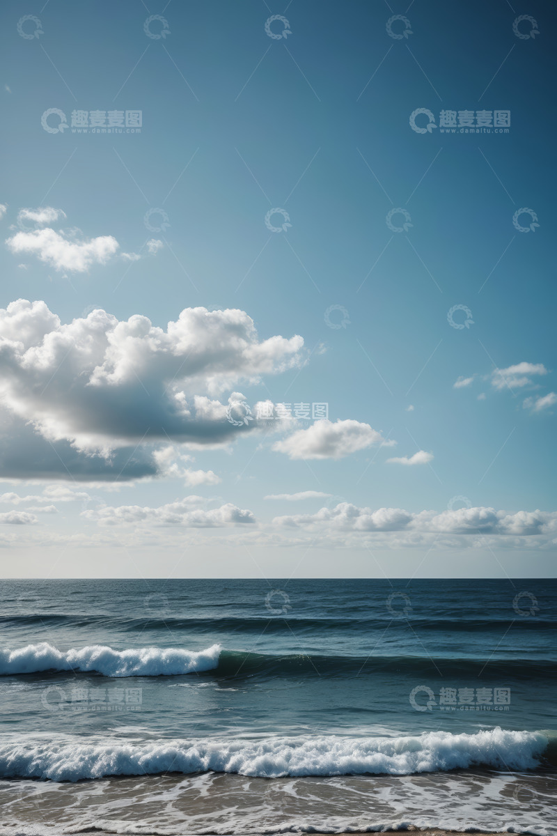 高清大图下载【趣麦麦图】蓝天白云下的海浪海滩景观