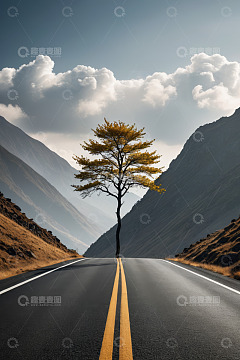 公路中央孤树与远山风景