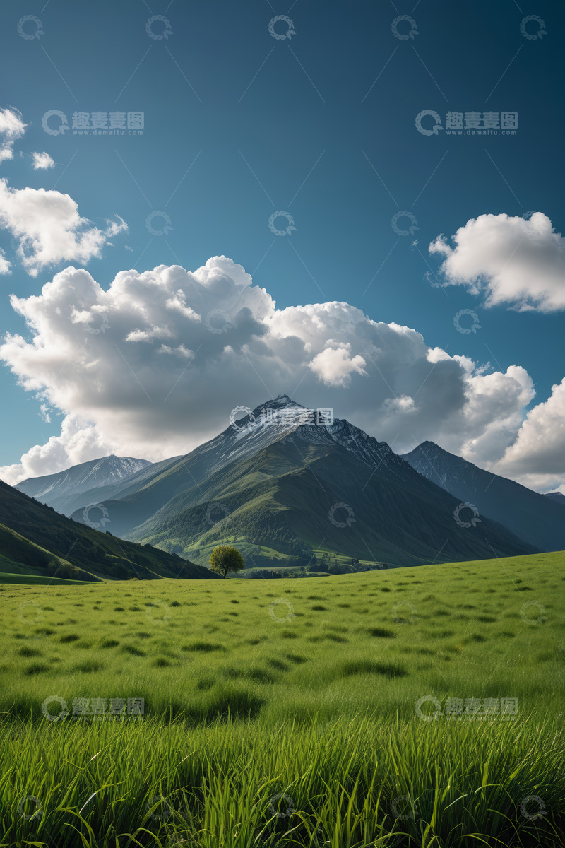 高清大图下载【趣麦麦图】草原雪山蓝天白云风景