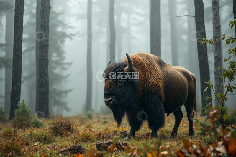 高清大图下载【趣麦麦图】森林中站立的野牛