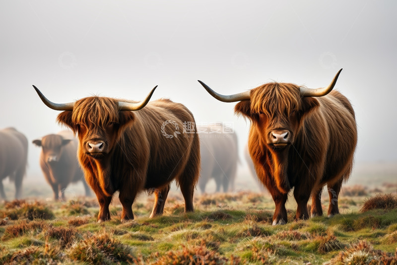 高清大图下载【趣麦麦图】苏格兰高地牛在草地