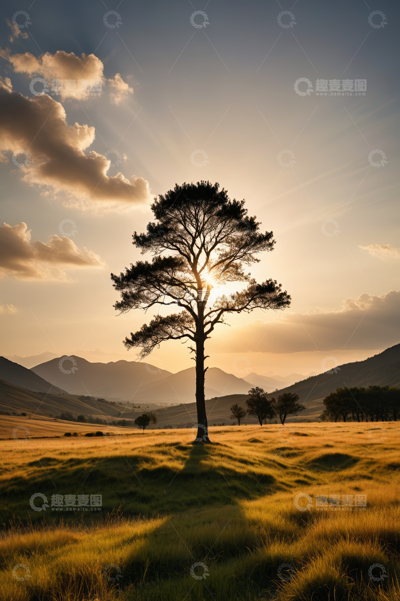 高清大图下载【趣麦麦图】原野上夕阳下的孤树景观