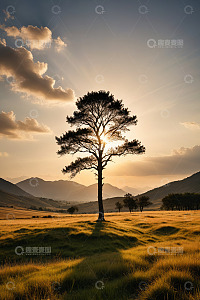 原野上夕阳下的孤树景观