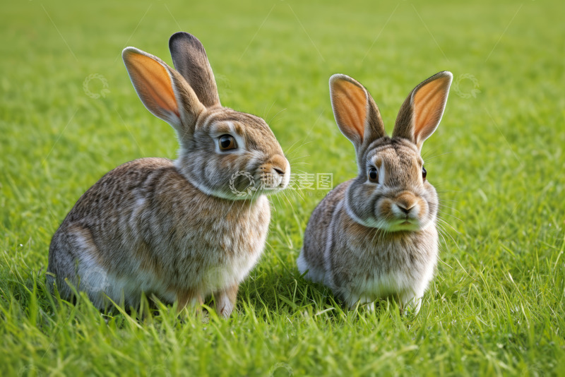 高清大图下载【趣麦麦图】草地上的两只兔子
