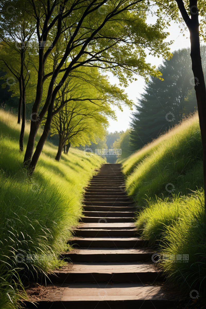 高清大图下载【趣麦麦图】林间草地中的阶梯风景