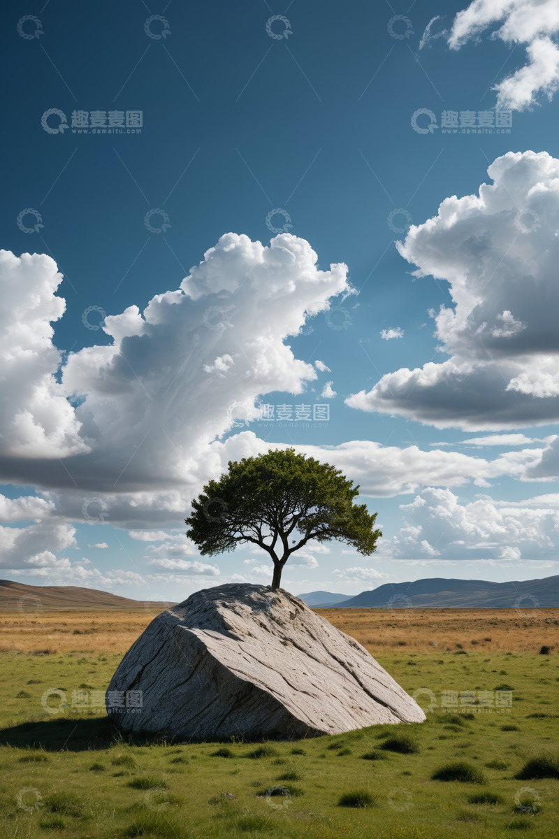 高清大图下载【趣麦麦图】草原巨石上的孤树风景