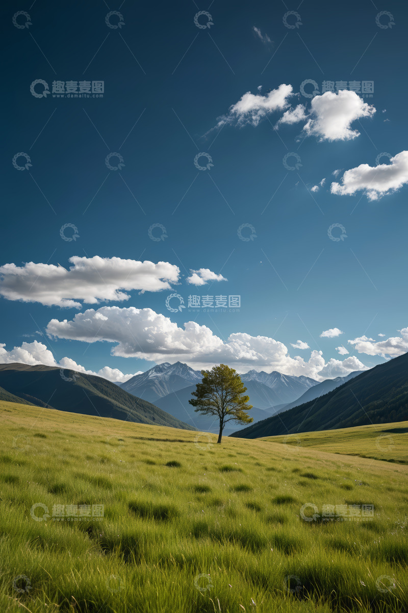 高清大图下载【趣麦麦图】草原孤树与远山蓝天白云景观