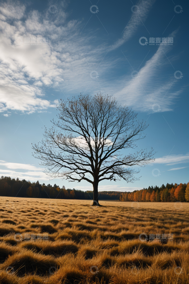 高清大图下载【趣麦麦图】旷野中孤独的树木与蓝天