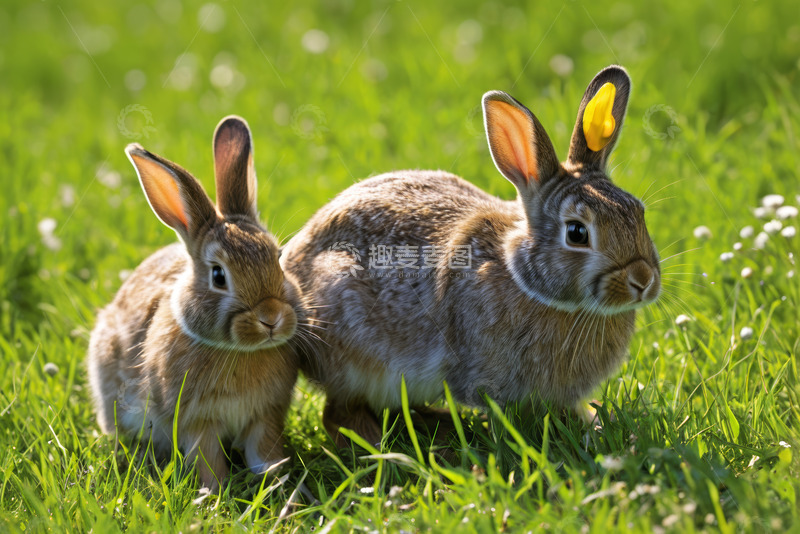 高清大图下载【趣麦麦图】草地上的两只兔子