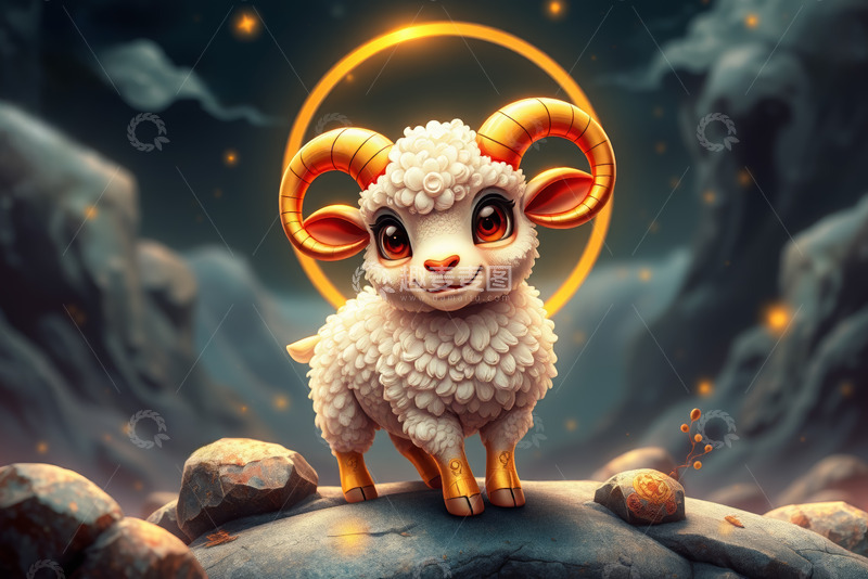 高清大图下载【趣麦麦图】可爱卡通小羊站在岩石上