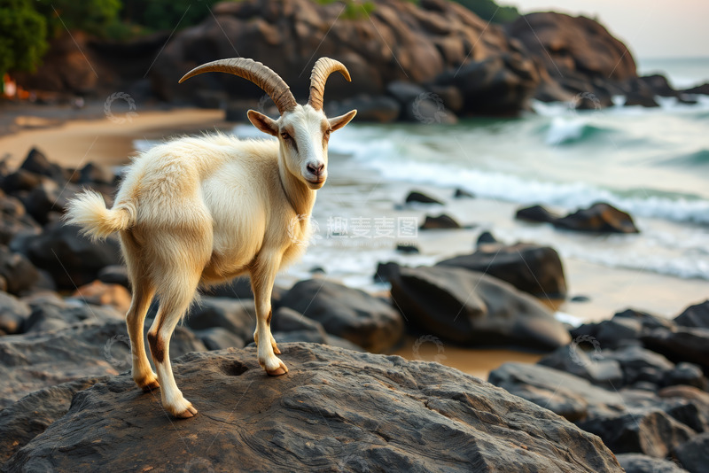 高清大图下载【趣麦麦图】海滩岩石上站立的山羊