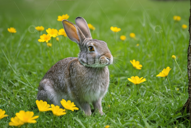 高清大图下载【趣麦麦图】草地上的灰兔与黄色小花
