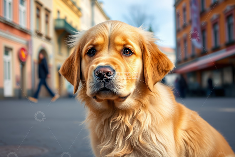 高清大图下载【趣麦麦图】街道上的金毛犬特写