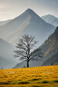 山间旷野中的孤独树木