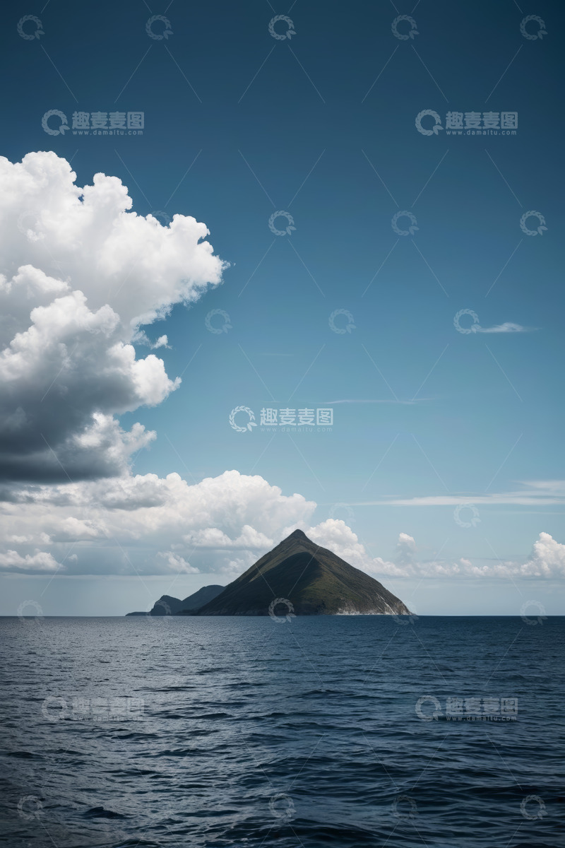 高清大图下载【趣麦麦图】海上孤山与蓝天白云景象