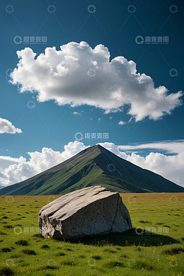 草原巨石与远山蓝天白云景象