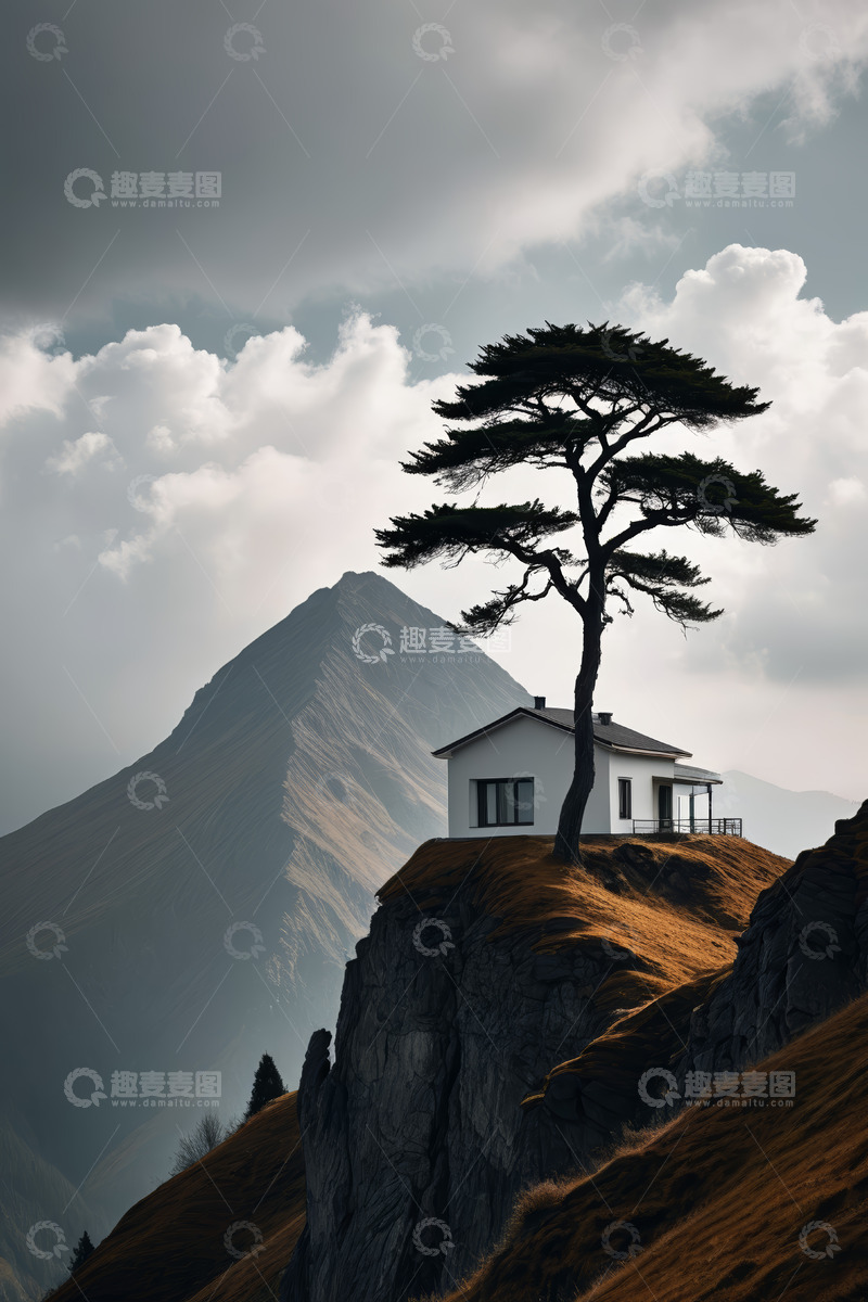 高清大图下载【趣麦麦图】山崖上的小屋与孤树山景