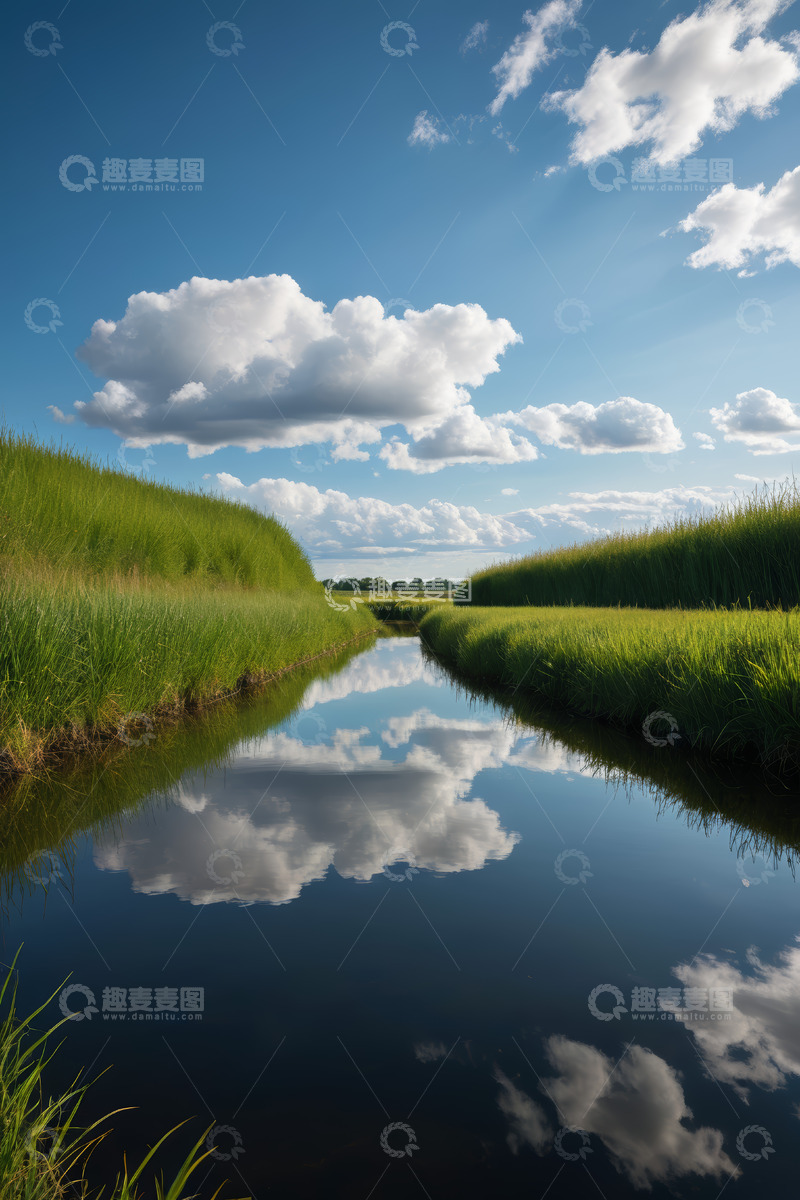 高清大图下载【趣麦麦图】蓝天白云下的草地小河风景