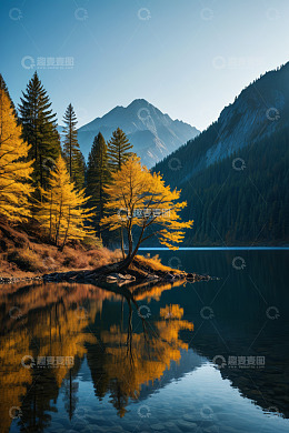 山林湖泊边的金黄树木景观