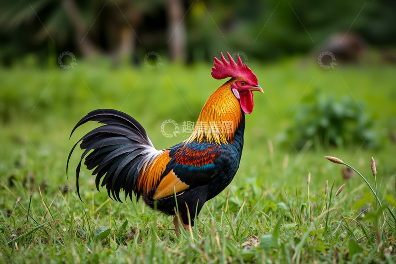 高清大图下载【趣麦麦图】草地上站立的彩色公鸡