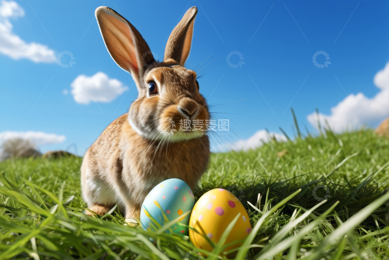 高清大图下载【趣麦麦图】草地上的复活节兔子与彩蛋