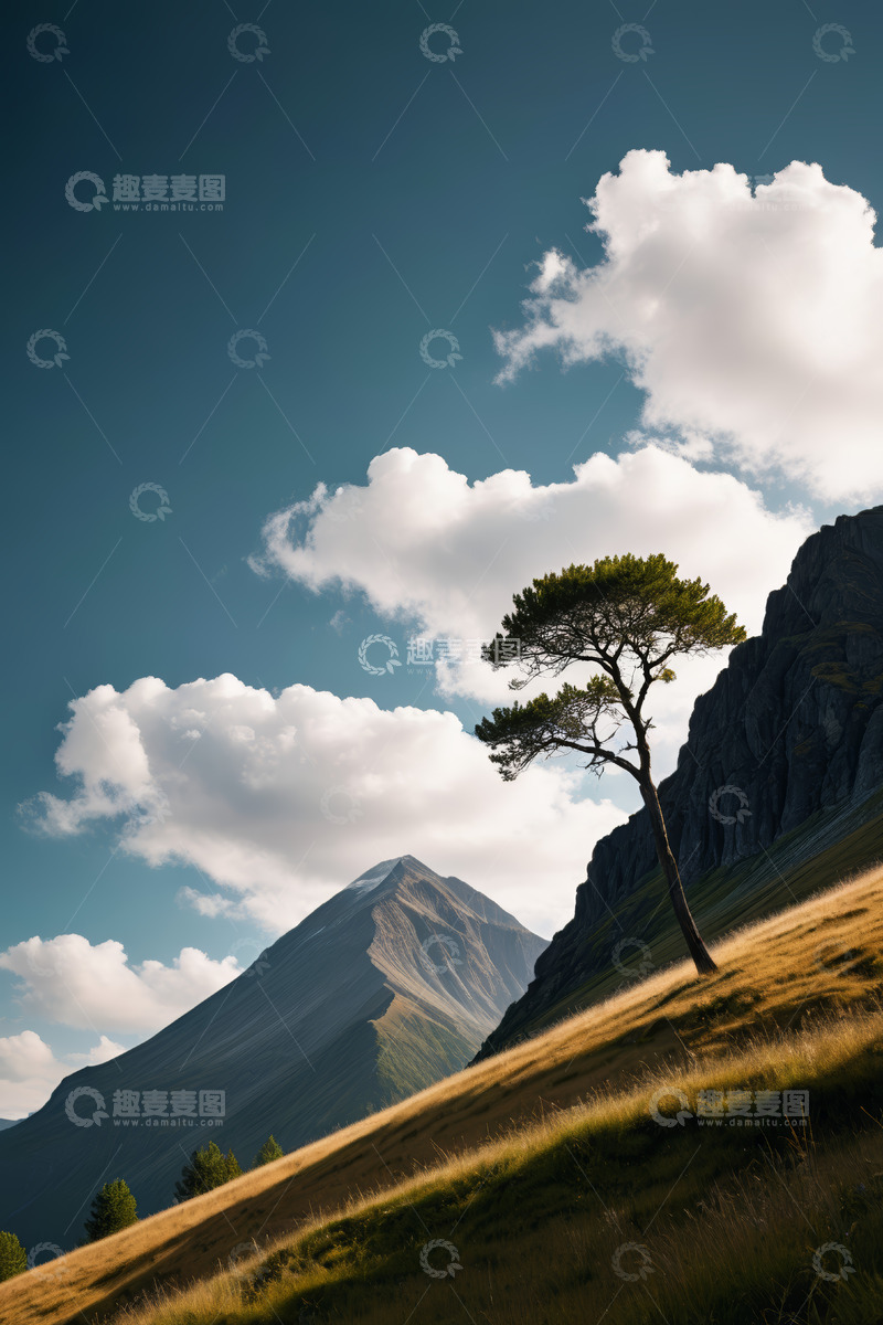 高清大图下载【趣麦麦图】山间孤树与蓝天白云风景
