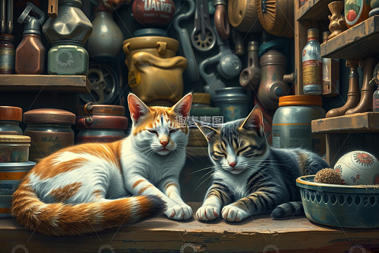 两只猫咪于杂物间休憩场景