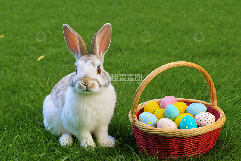 高清大图下载【趣麦麦图】草地上兔子与彩蛋篮素材