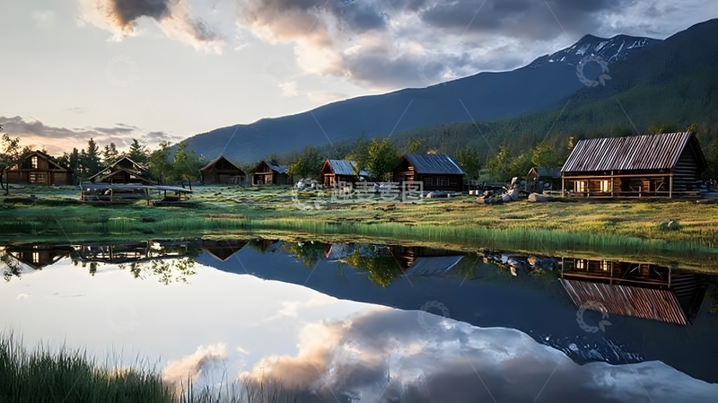高清大图下载【趣麦麦图】山村湖畔木屋风光