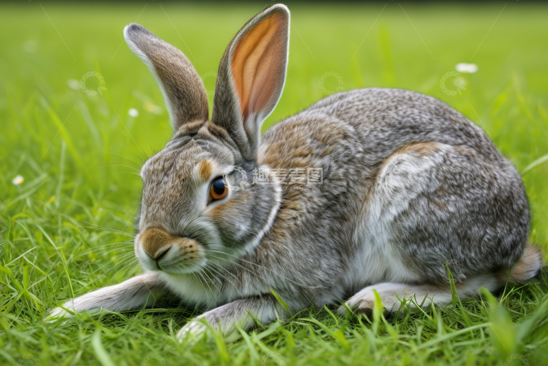 高清大图下载【趣麦麦图】草地上休憩的灰毛兔子