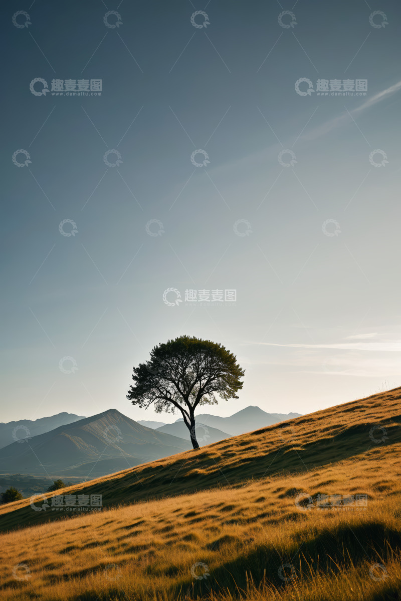 高清大图下载【趣麦麦图】山坡上的孤树与远山景观