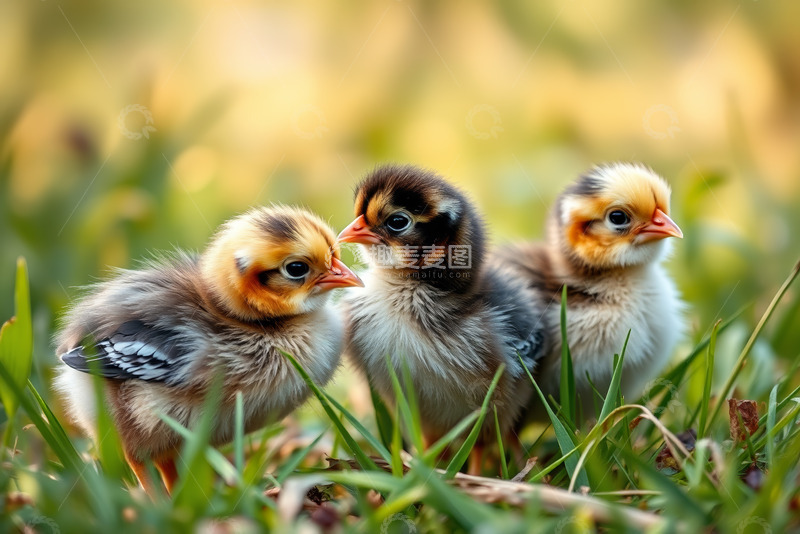 高清大图下载【趣麦麦图】草地上的三只小鸡