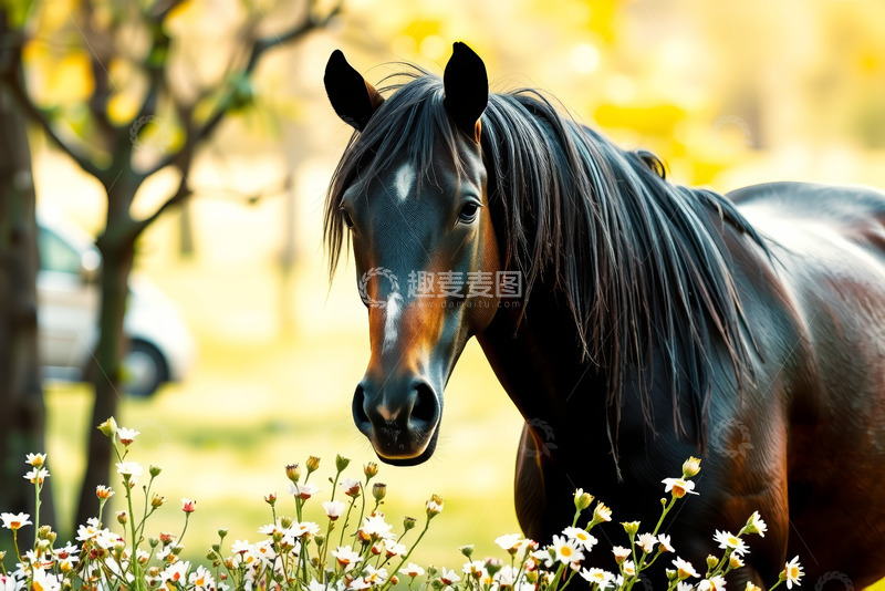 高清大图下载【趣麦麦图】阳光下花丛边的骏马