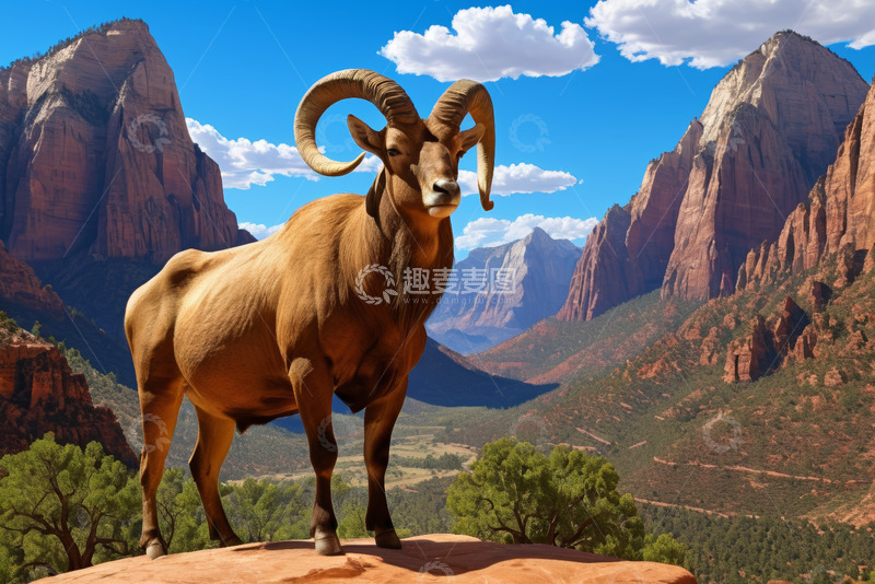 高清大图下载【趣麦麦图】山间站立的大角羊