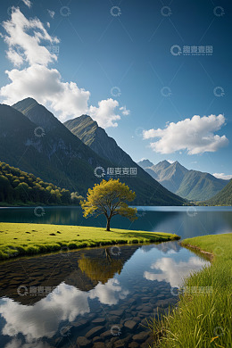 湖畔孤树与青山自然风光