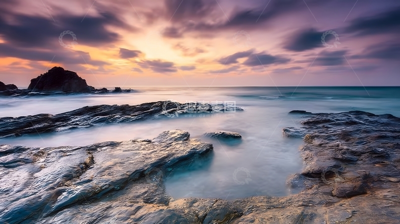 高清大图下载【趣麦麦图】海岸岩石日落风光摄影