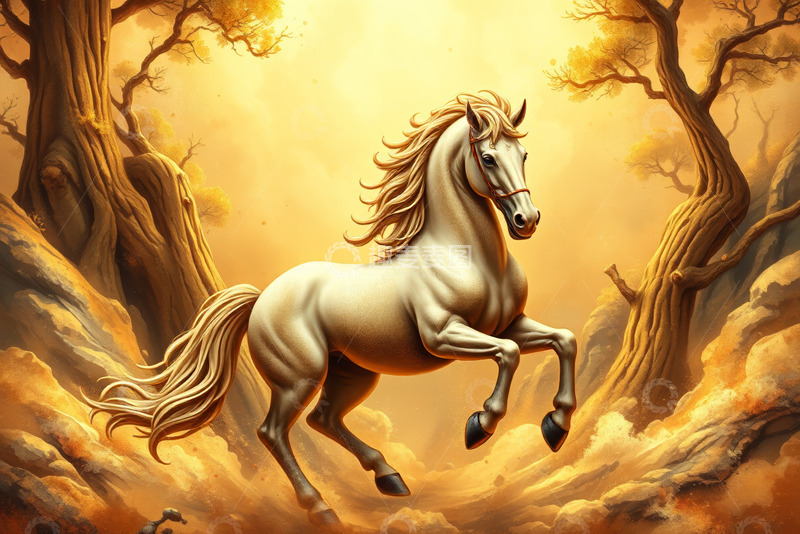 高清大图下载【趣麦麦图】森林中奔腾的白马