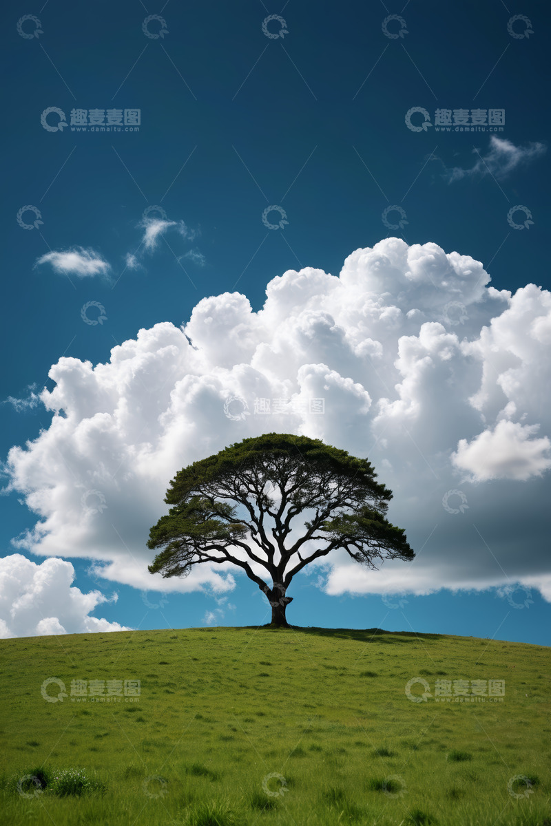 高清大图下载【趣麦麦图】绿草地上的孤树与蓝天白云