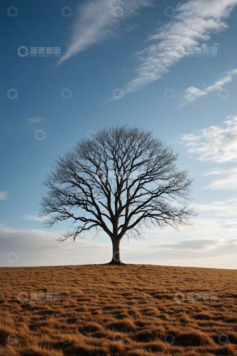 高清大图下载【趣麦麦图】旷野上的单棵树木与蓝天