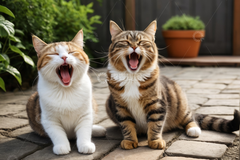 高清大图下载【趣麦麦图】户外两只张嘴打哈欠的猫咪