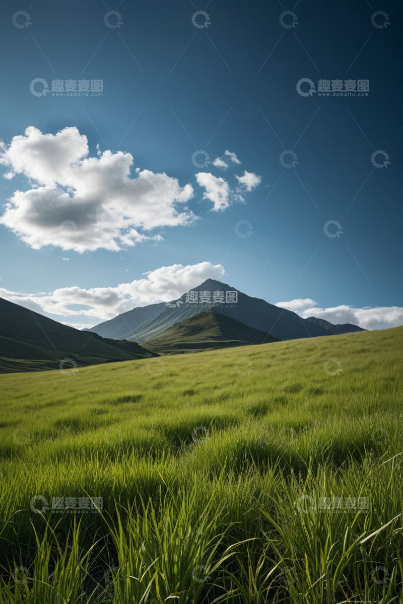 高清大图下载【趣麦麦图】蓝天白云下的草原与远山风景