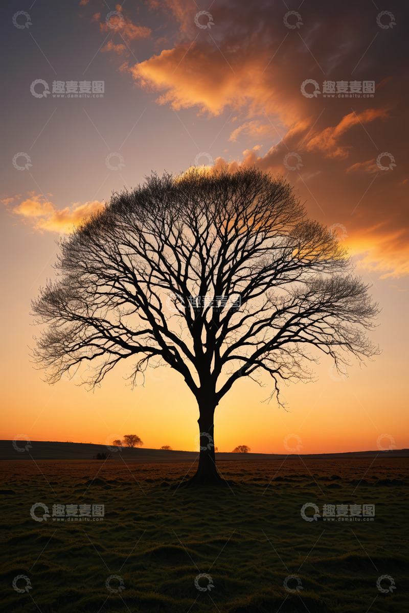 高清大图下载【趣麦麦图】田野孤树与黄昏天空景象