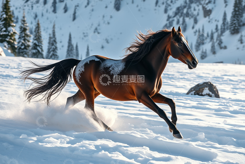 高清大图下载【趣麦麦图】雪地中奔跑的骏马