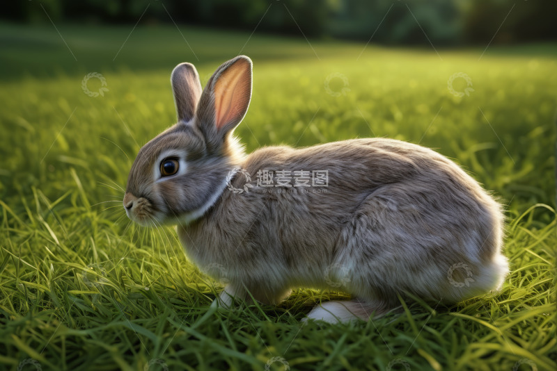 高清大图下载【趣麦麦图】草地上的灰色兔子