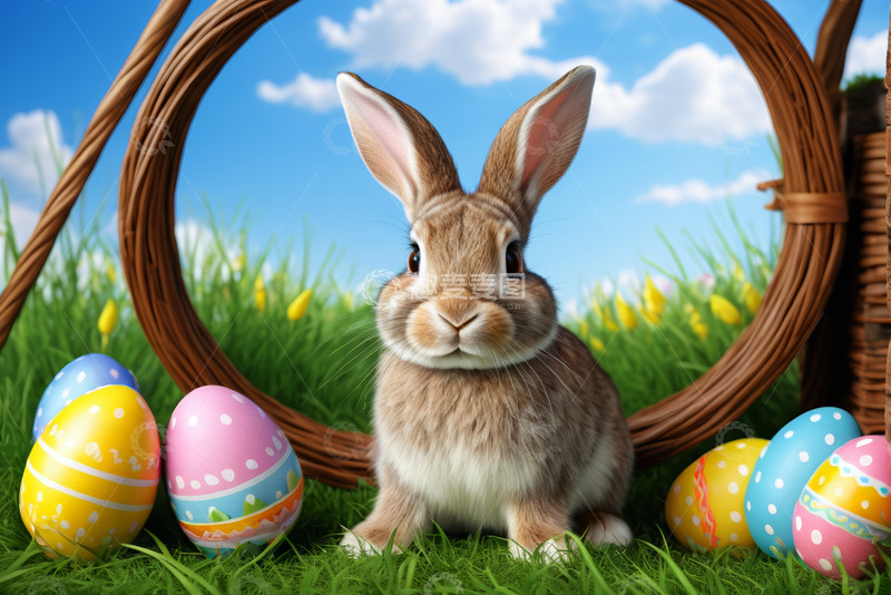 高清大图下载【趣麦麦图】复活节兔子与彩蛋田园场景